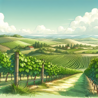 Un paysage de campagne avec des vignobles, style réaliste avec des détails.