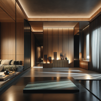 Vue intérieure : appartement moderne avec des matières nobles, du bois, du verre, épuré, calme et feutré. style réaliste.