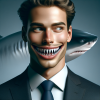 fais moi un agent immobilier pour illustrer qu'il à les dents longues, tel vrai requin de la finance. style hyper réaliste