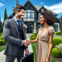 Le succès d'une vente réussite d'un agent immobilier devant la superbe maison de son client