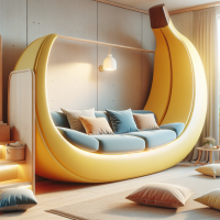 dessine le salon d'un intérieur d'appartement, cosy avec un canapé en forme de banane et des coussins. photo réaliste.