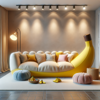 dessine le salon d'un intérieur d'appartement, cosy avec un canapé en forme de banane et des coussins. photo réaliste.
